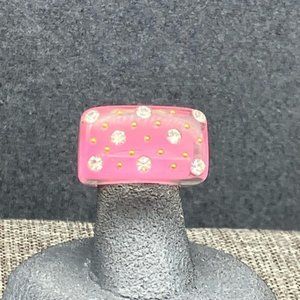 Pink Acrylic Cocktail Ring Barbie Size 4 Gold Rhinestone Enamel Bling Glam Retro